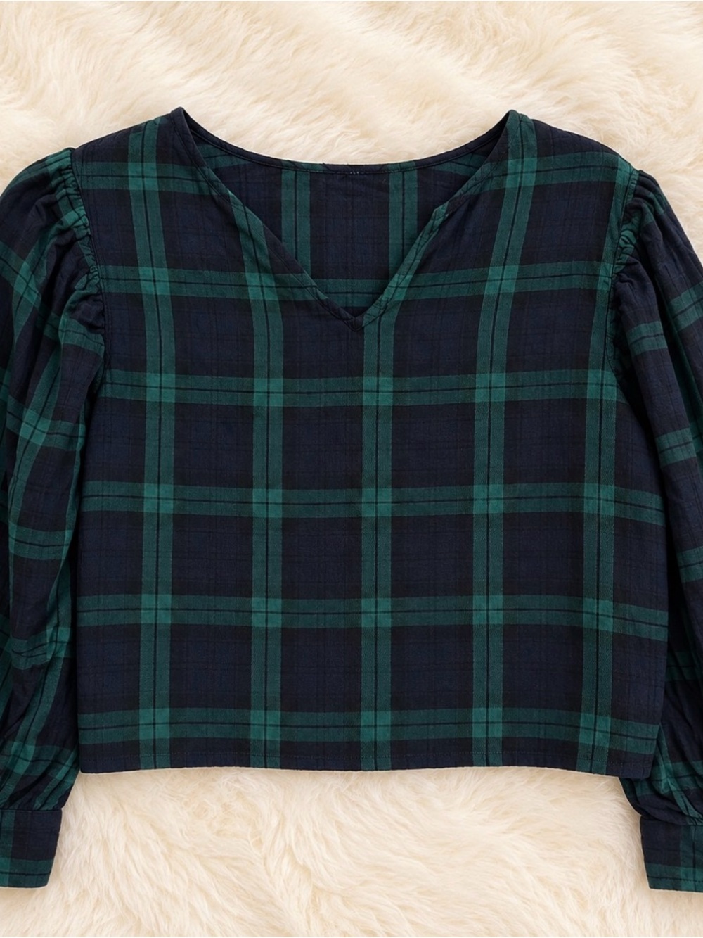 Plaid V-Neck Long-Sleeve Top - Green/Navy